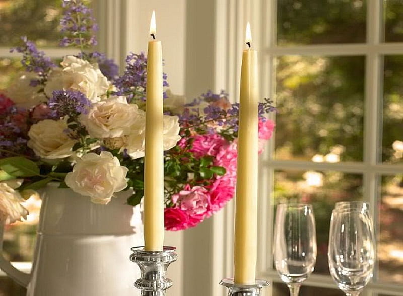 Afternoon Romance, fire, window, flowers, vase, wineglass, roses, candles, HD wallpaper