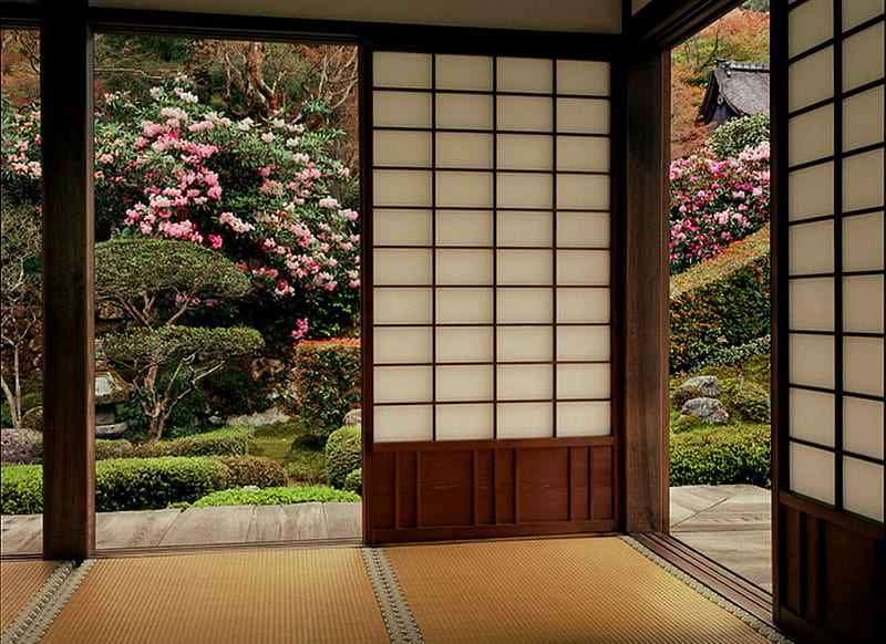 Japanese room garden, plants, flowers, garden, room, trees, doors, HD wallpaper