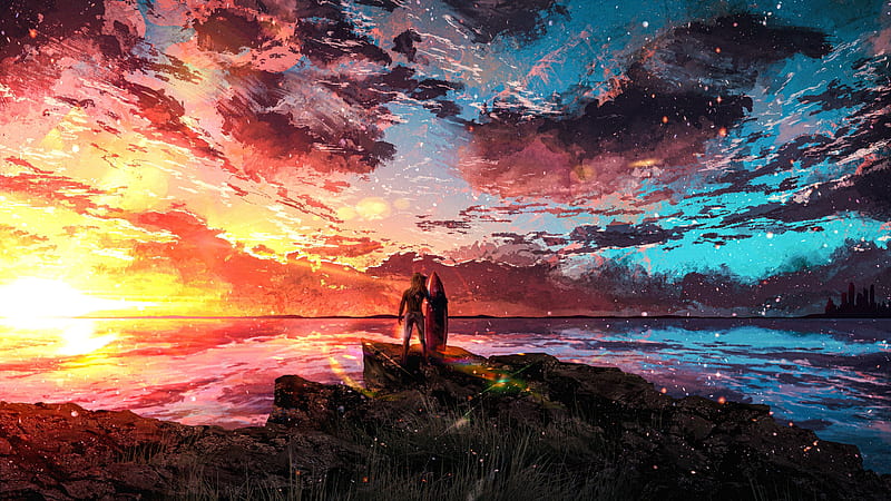 sunset, artwork, clouds, seascape, scenery, horizon, Landscape, HD wallpaper