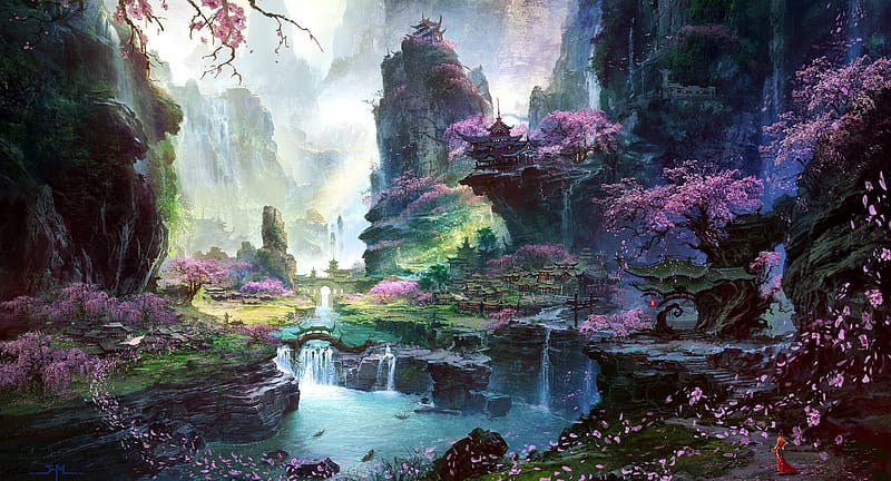 Landscape, Fantasy, City, Waterfall, Village, Petal, Oriental, Cherry Blossom, HD wallpaper