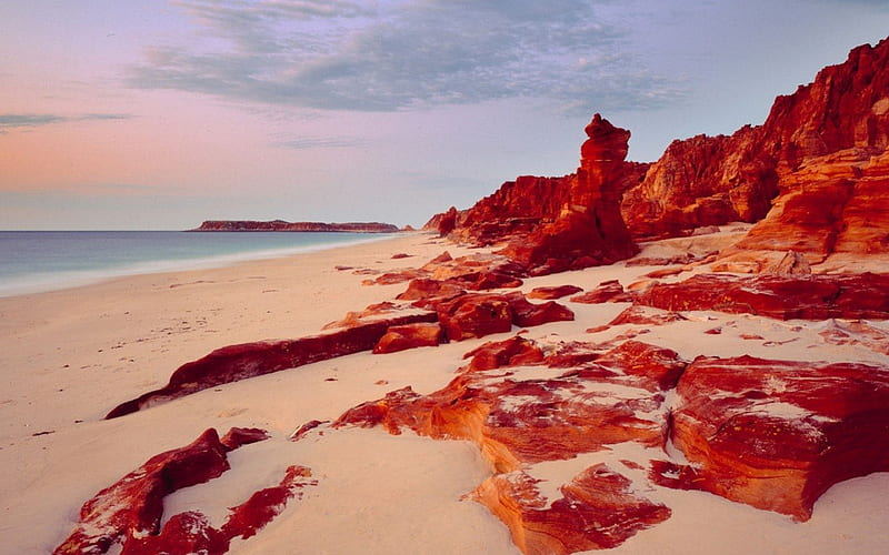 Coastline at Dusk, Australia, rock, orange, ocean, sky, clouds, tan, beach, daylight, sand, water, australia, day, nature, cliff, blue, HD wallpaper