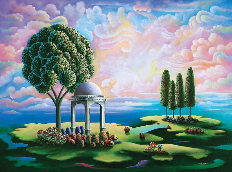 Heaven, art, cloud, tree, green, pavilion, painting, pictura, pink, blue, HD wallpaper