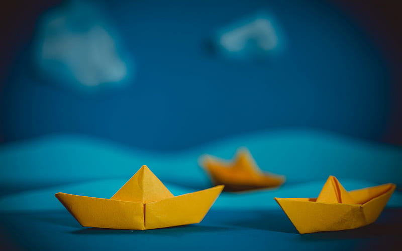 yellow paper boats, blue background, leadership concepts, travel concepts, paper boats, origami boats, HD wallpaper