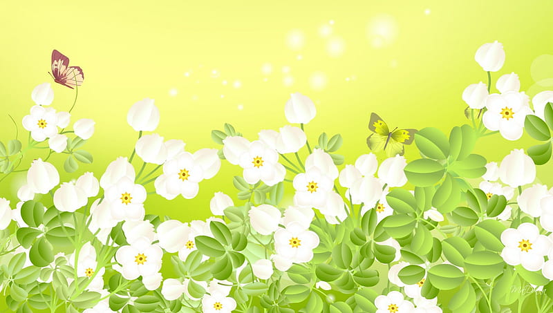 Dainty in Green, flowers, yellow, butterflies, spring, dainty, delicate, butterfly, green, summer, papillon, flowers, light, HD wallpaper
