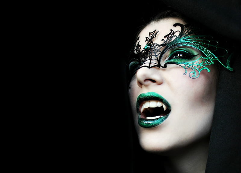 Vampire, model, black, woman, lips, la esmeralda, fantasy, girl, green, mask, HD wallpaper