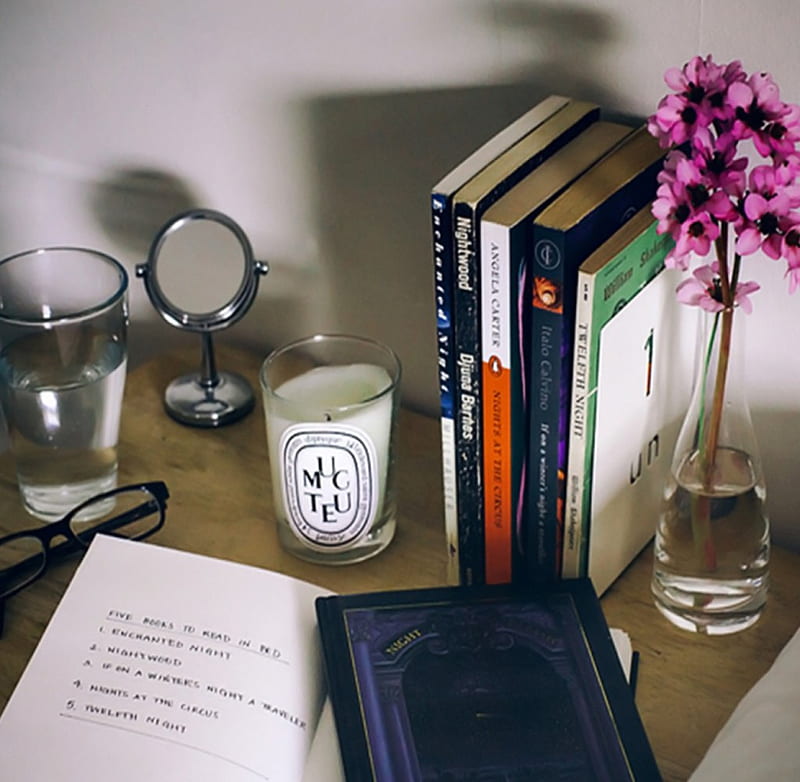 On the desk, textbook, books, glasses, flowers, mirror, HD wallpaper