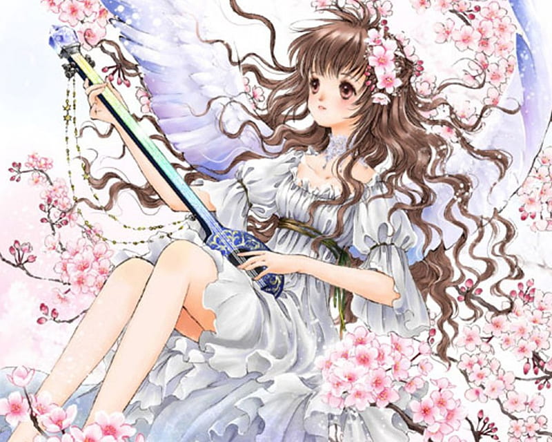 ~❀ADORE❀~, pretty, adorable, magic, wing, women, sweet, floral, cherry blossom, fantasy, instrument, love, anime, royalty, feather, flowers, beauty, anime girl, gems, jewel, long hair, sakura, wings, lovely, gown, amour, sexy, jewelry, cute, guitar, maiden, dress, divine, sakura blossom, adore, bonito, sublime, woman, blossom, gemstone, hot, gorgeous, female, exquisite, angel, music, brown hair, brown eyes, kawaii, girl, flower, precious, magical, petals, lady, angelic, HD wallpaper