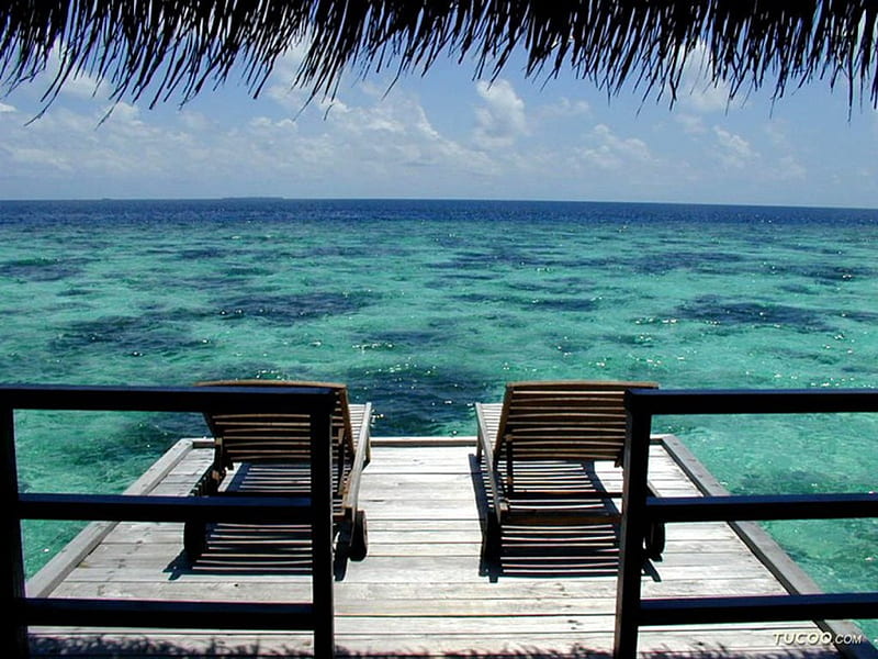 Love's chair, beach, deckchairs, palm fringe, romantic, wooden deck, ocean, island, HD wallpaper