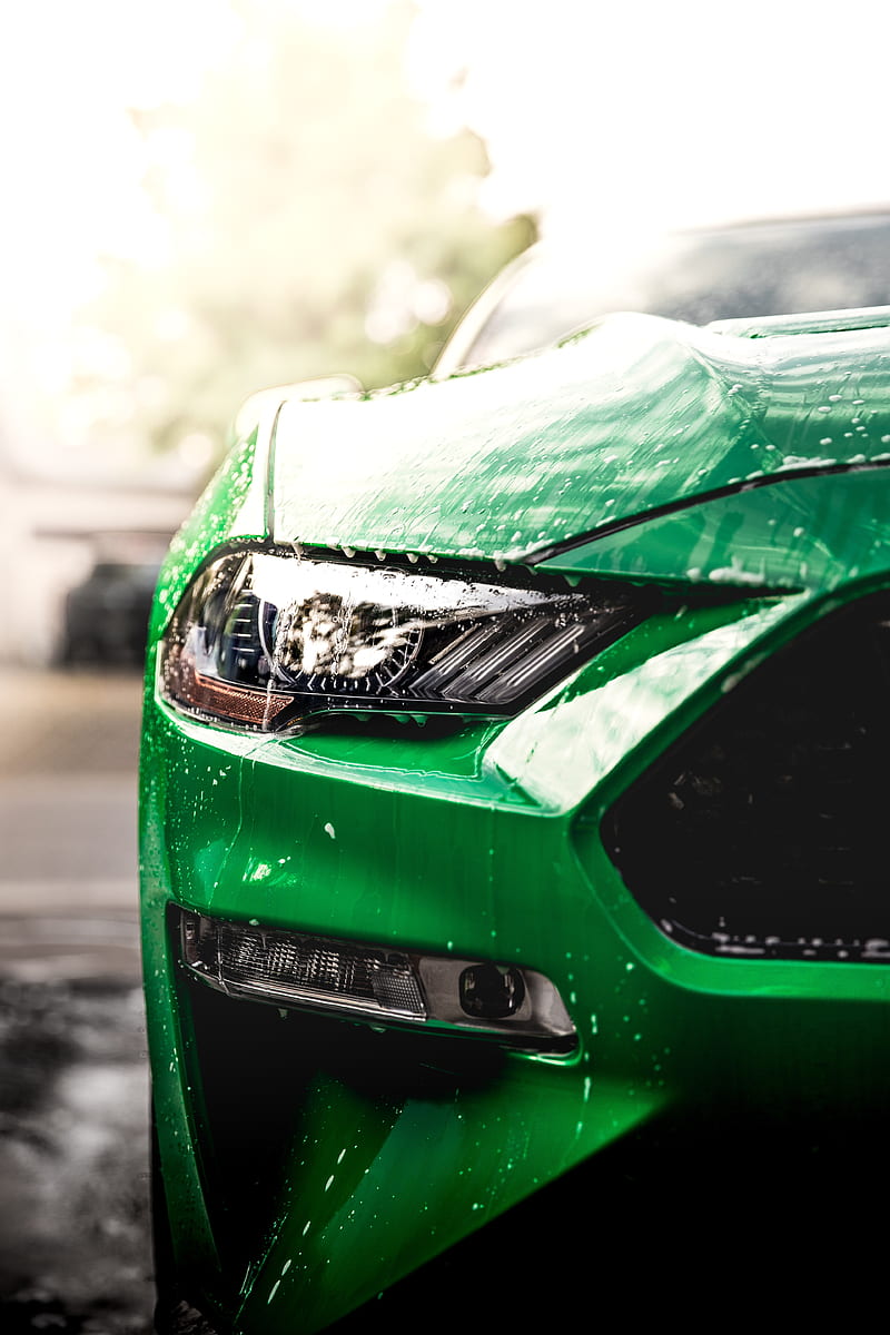 car, green, wet, headlight, front view, HD phone wallpaper