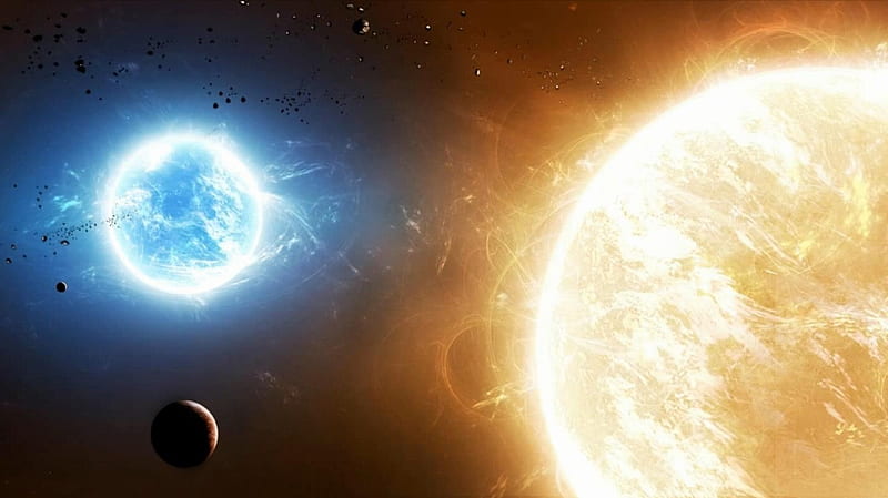 Blue Sun Collision, opposites, planets, red, sun, fiery, space, fiery sun, black and white, planetary collision, red and blue, blue sun, darkness, bright, light, supernova, blue, stars, yin yang, red sun, explosion, suns, light in darkness, galaxy, fire, dark, ice, collision, HD wallpaper