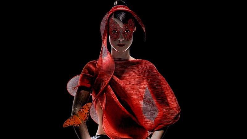 La Femme Portrait Red Butterfly Mask, vivid, ceative graphy, bold, women are special, lips nails eyes hair art, women are a mystery, butterfly, black on red, bright colors, lafemme portrait, red on black or reverse, mask, female trendsetters, red on black, daring, lafemme headdress, HD wallpaper