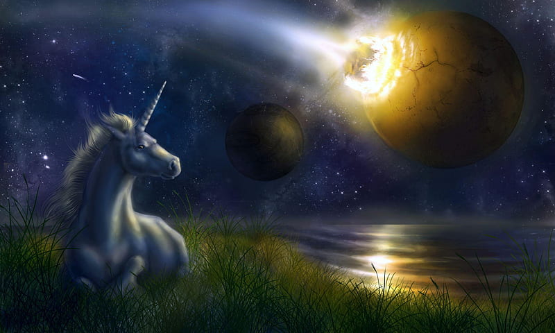 Unicorn at Night, water lake, unicorn, magic, horse, fantasy, moon, horn, magical, white, HD wallpaper