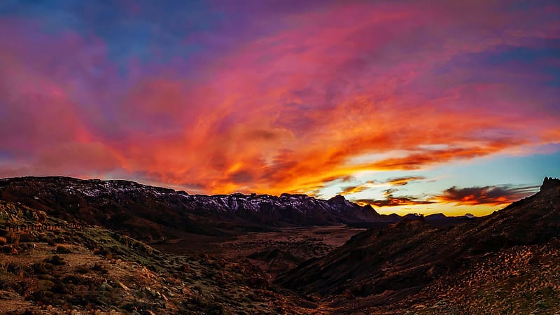 Unreal sunset in the Teide caldera, Canary Islands, landscape, clouds, spain, sky, HD wallpaper