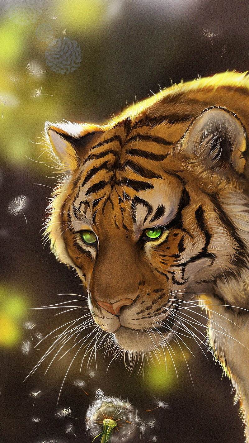 Tiger, animal, dandelion, drawings, face, flower, green eyes, wild, HD phone wallpaper