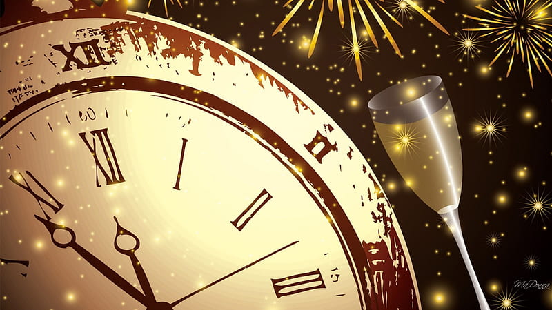 Happy New Year, stars, glow, time, New Year, wine, celebration, sparks, clock, glass, grunge, gold, fireworks, champagne, vintage, HD wallpaper