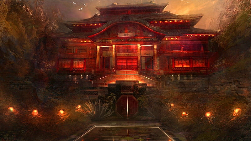 Temple, fantasy, eastern, landscape, HD wallpaper
