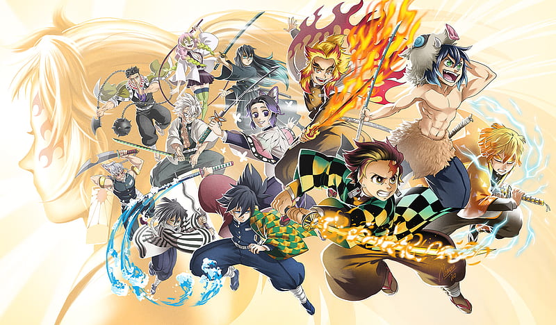 Anime, Demon Slayer: Kimetsu no Yaiba, Zenitsu Agatsuma , Inosuke Hashibira , Gyomei Himejima , Obanai Iguro , Tanjiro Kamado , Mitsuri Kanroji , Shinobu Kochou , Sanemi Shinazugawa , Kokushibo (Demon Slayer) , Yoriichi Tsugikuni , Tengen Uzui, HD wallpaper