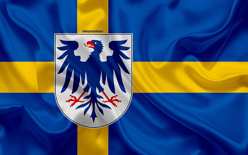Coat of arms of Varmland lan silk flag, Swedish flag, Varmland County, Sweden, flags of the Swedish lan, silk texture, Varmland lan, coat of arms, HD wallpaper