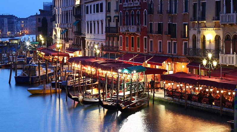 Venice, water, restaurant, bistro, gondola, lights, HD wallpaper