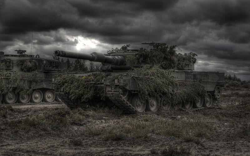 modern battle tanks on maneuvers r, tanks, military, r, camouflage, clouds, terrain, HD wallpaper
