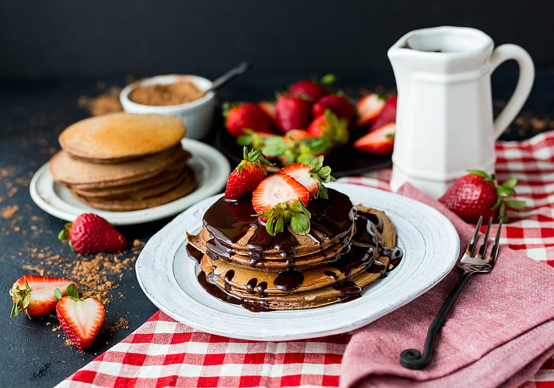 pancake with chocolate syrup on ceramic plate, HD wallpaper