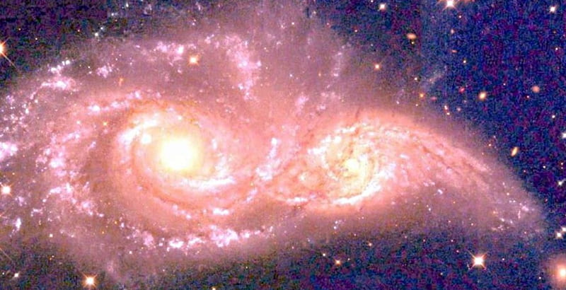 galaxies,merging, black, vacuum, pink, light, HD wallpaper