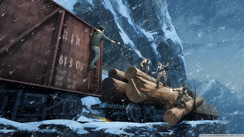 Mission Train, action, cg, video game, uncharted, adventure, winter, fire, mountain, mission, train, gun, snow, snowfall, hero, HD wallpaper