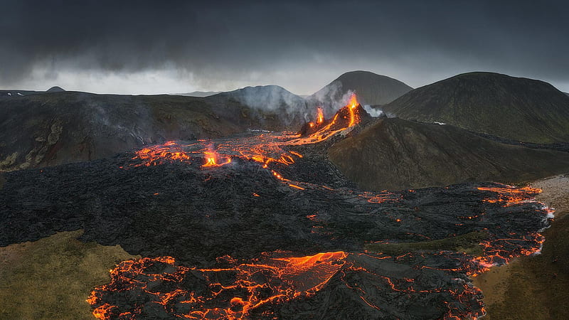 View of the Geldingadalur eruption in Iceland seen from the sky, fire, lava, volcano, landscape, sky, HD wallpaper