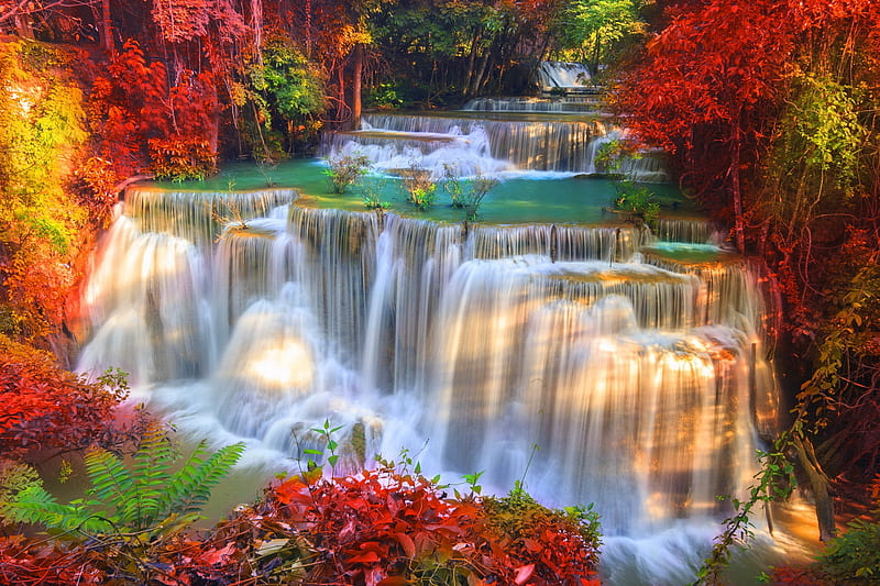 Colorful autumn waterfall, colorful, fall, forest, cascades, autumn, waterfall, bonito, trees, HD wallpaper