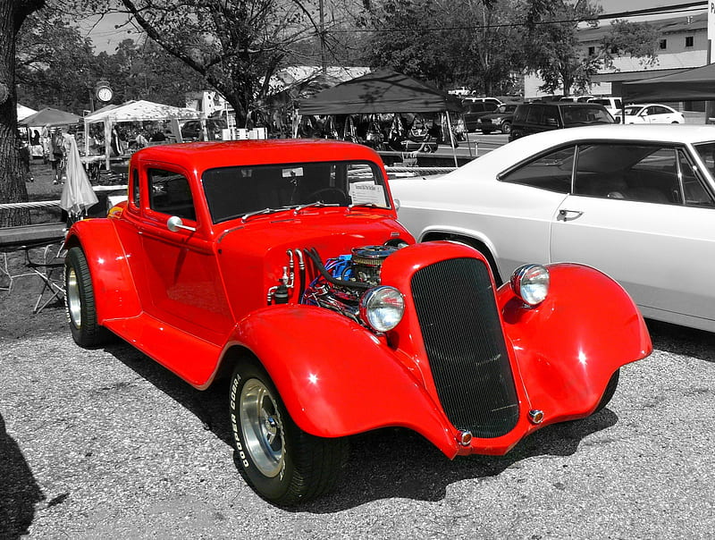 Hot Rod in Red, red, carros, antique, black, white, HD wallpaper
