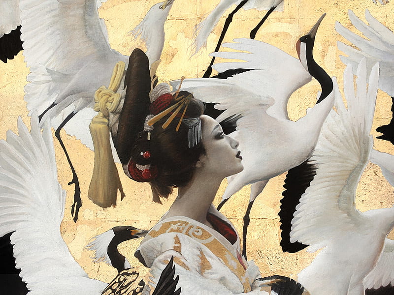 Cranes, art, wings, luminos, crane, pandora young, geisha, frumsuete, fantasy, bird, girl, pasari, asian, face, white, cocor, HD wallpaper