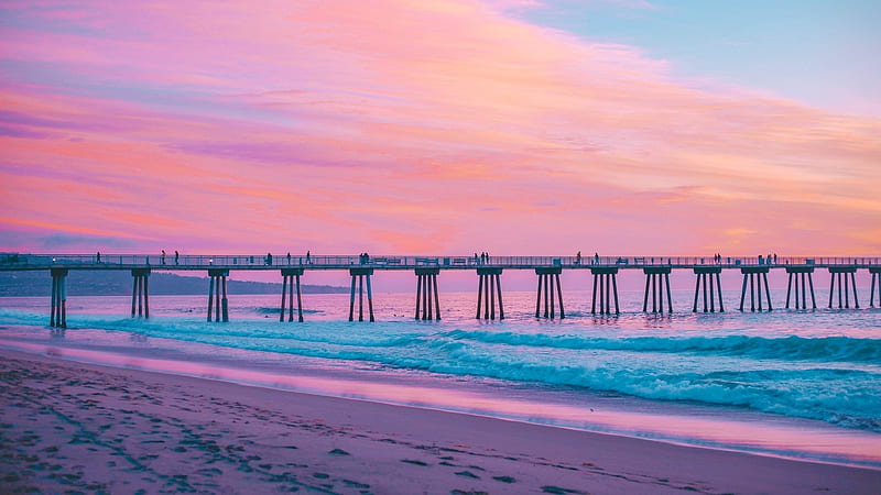 California Beach & Pier at Twilight, Sea, Beaches, California, Twilight, Piers, Nature, HD wallpaper
