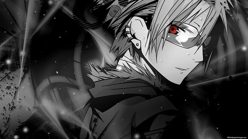 black and white anime boy with red eyes