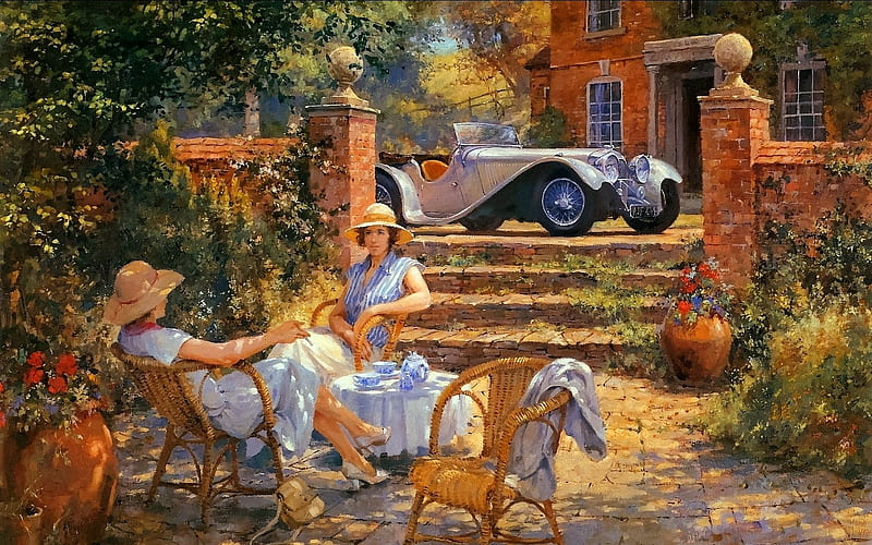 Tea For Two, Car, Women, Abstract, House, Fantasy, Tea, HD wallpaper