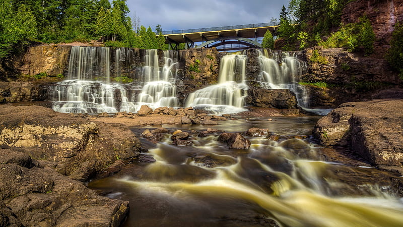 Waterfalls in Minneopa State Park, Minnesota, waterfall, nature, bridge, usa, HD wallpaper