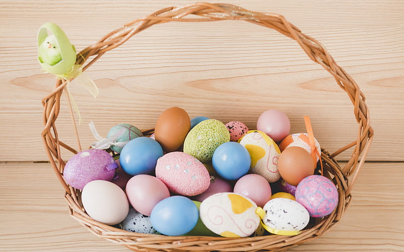 colorful Easter eggs, spring, Happy Easter, wicker basket, decoration, HD wallpaper