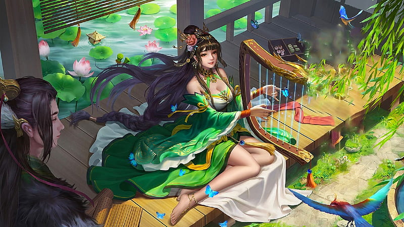 Harp Player, green, girl, musiacian, harp, woman, asian, art, , beautiful, digital, fantasy, HD wallpaper