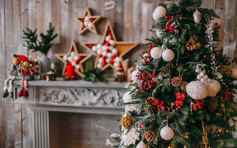 Christmas tree, festive interior, fireplace, scenery, New Year, Christmas, HD wallpaper