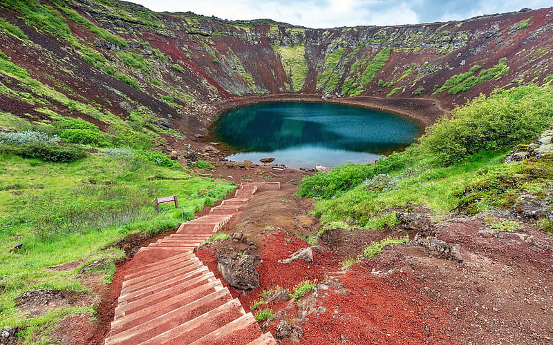 Kerid Crater, volcanic crater lake, Iceland, Grimsnes, mountains, volcano, crater, HD wallpaper