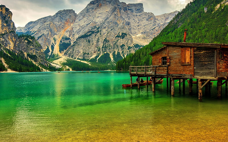 Alps, mountains, hut, forest, Italy, HD wallpaper