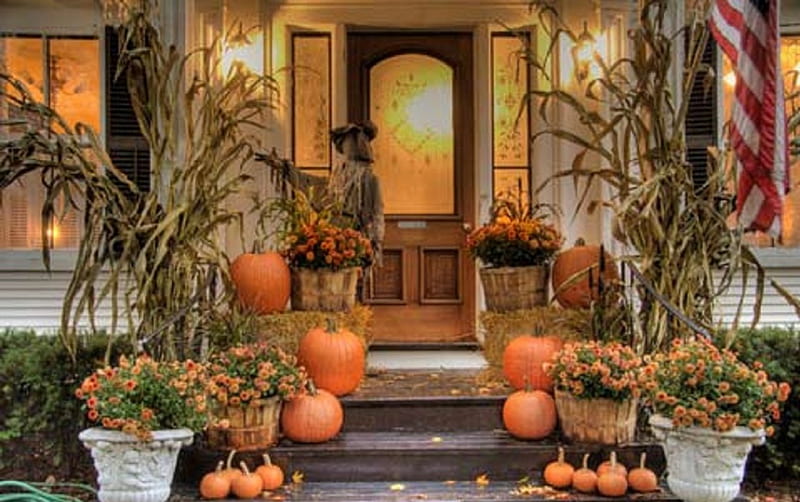Autumn Porch Decorations, architecture, autumn, house, porch, decorations, HD wallpaper
