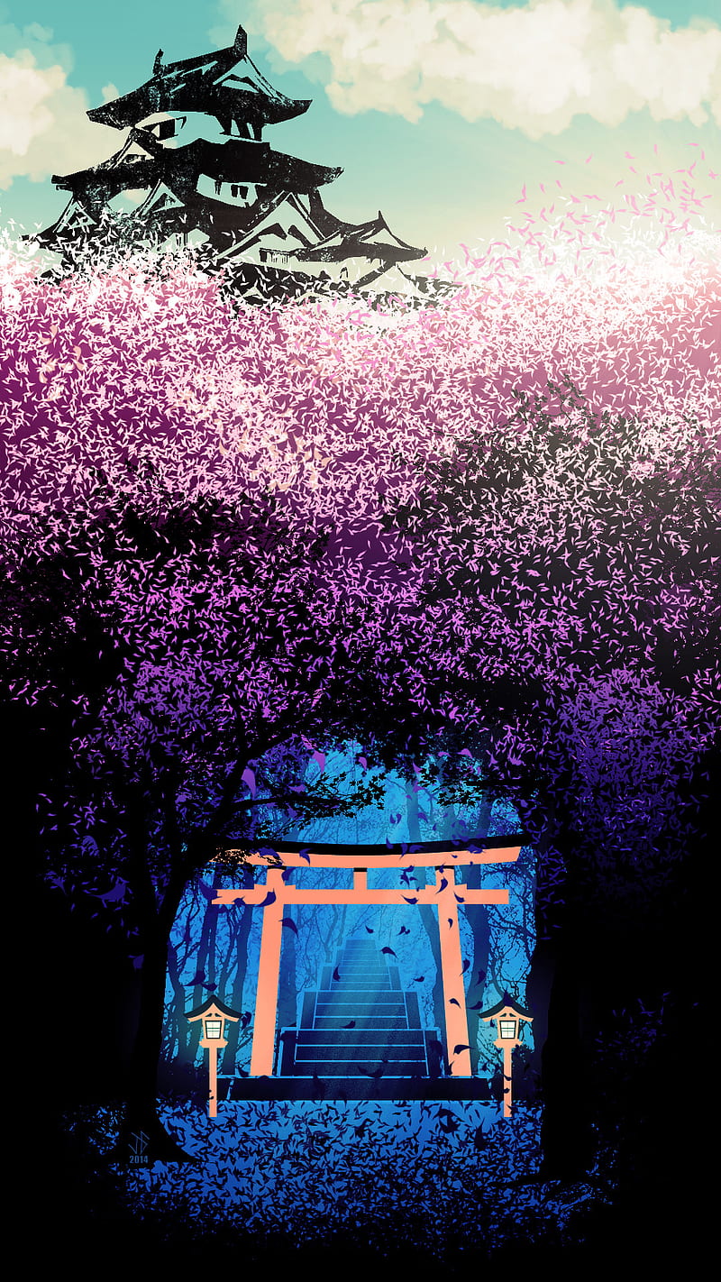 Oriental Art, art, colorful, japanese, nature, oriental, temple, vivid, HD phone wallpaper