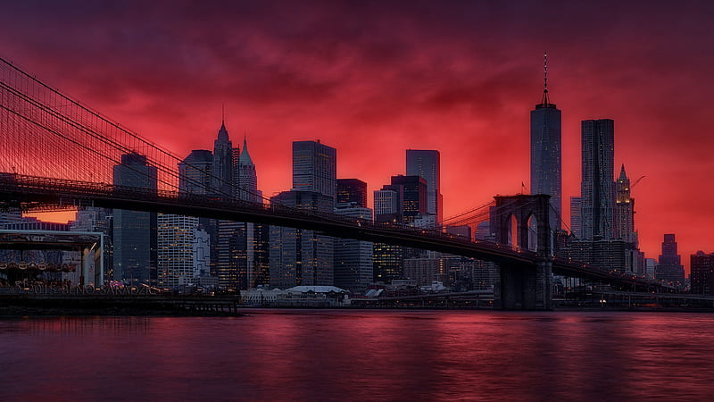 skyline, red sky, skyscrapers, bridge, modern architecture, City, HD wallpaper