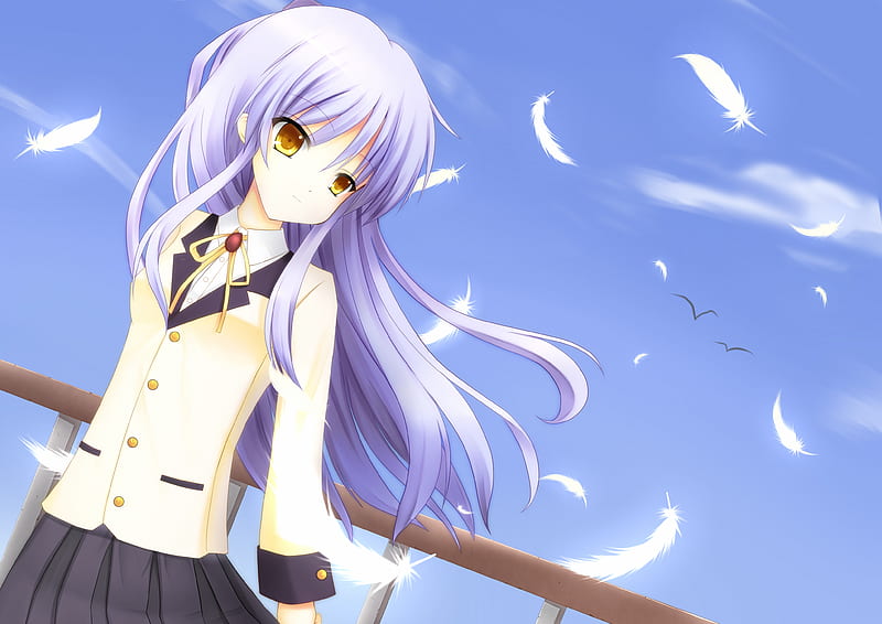 Kanade, wind, white hair, skirt, yellow eyes, long hair, sky, school ...