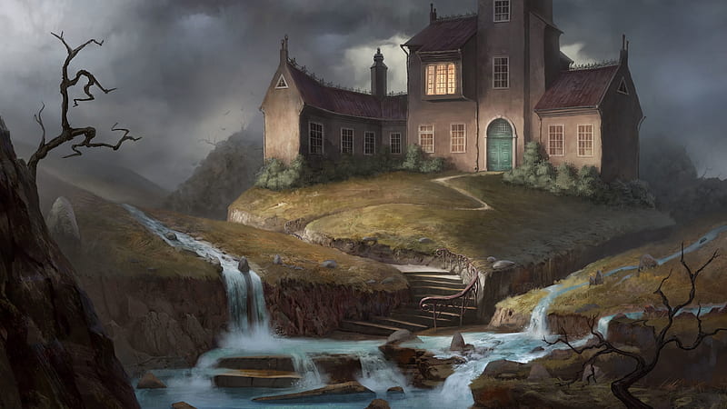 Mansion, igor khomenko, water, source, castle, fantasy, HD wallpaper