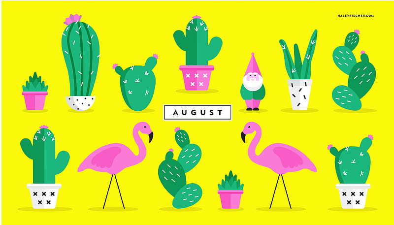 August, flamingo, summer, paper, pattern, haley fischer, cactus, vara, green, bird, texture, pasari, HD wallpaper