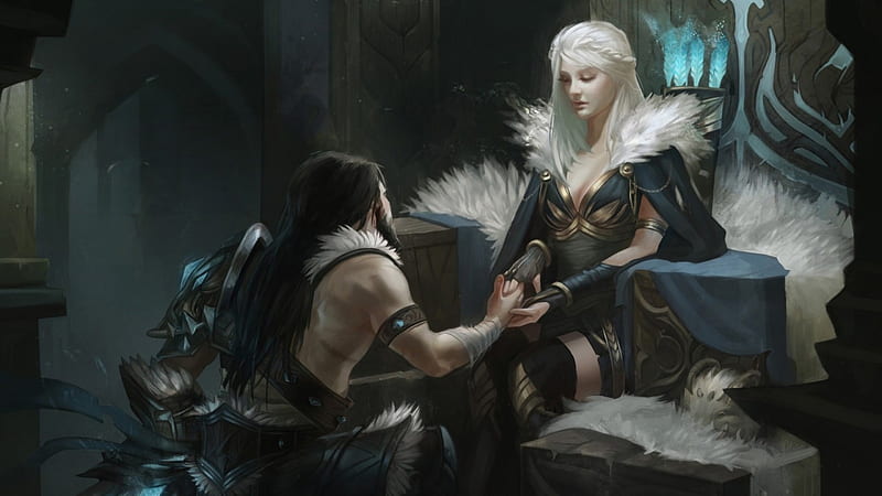 Ashe and Tryndamere, art, luminos, game, black, man, ashe, woman, league of legends, poro, fantasy, white, couple, fur, tryndamere, blue, HD wallpaper