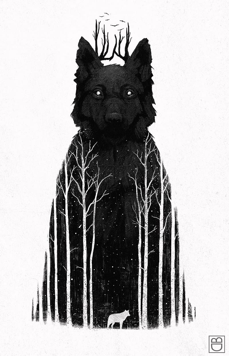 monochrome, wolf, trees, night sky, forest, black, HD phone wallpaper