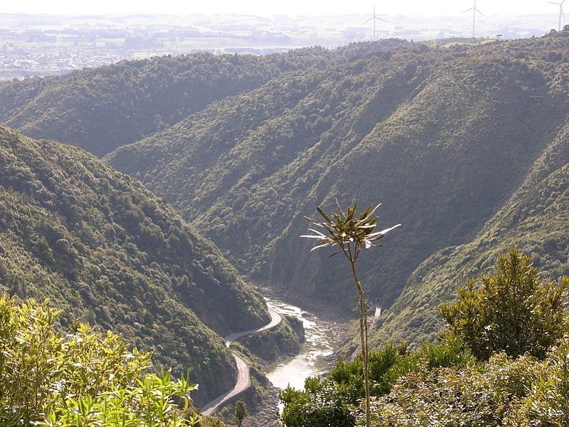 manawatu river ,nz, wind mills for power, looking down on to river, road and rail, HD wallpaper