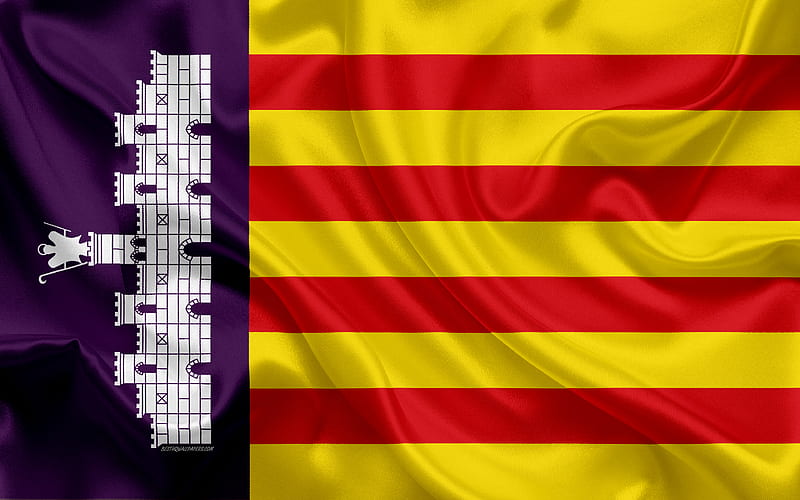 Flag of Mallorca silk texture, Spanish city, red yellow blue silk flag, Mallorca flag, Spain, art, Europe, Mallorca, HD wallpaper